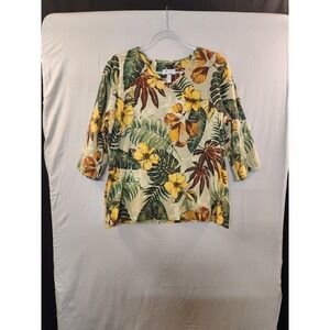 Denim & Co. Women's Green Floral Print V Neck Top Size L 3/4 Sleeve Casual Work